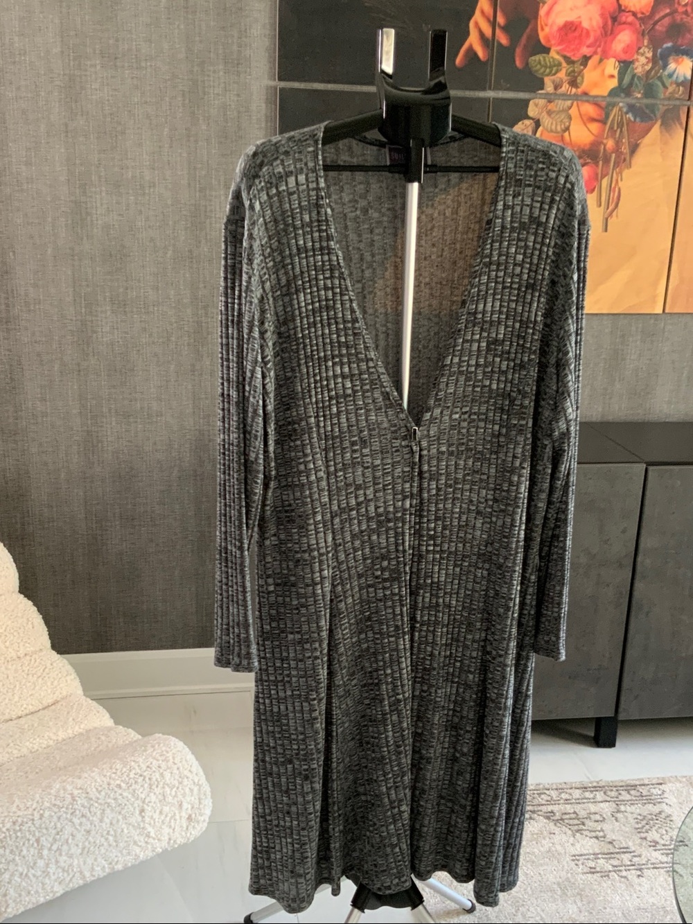 Guillaume Long Ribbed Open Cardigan in Charcoal Gray 3X